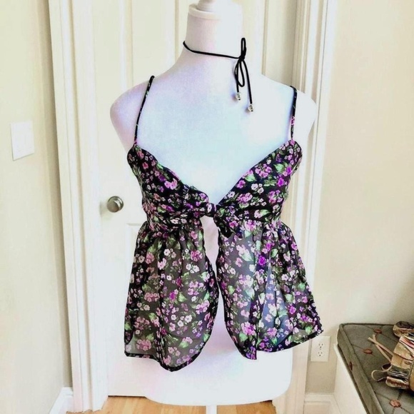 American Eagle Cami Top Tie Front Black Purple Floral (S) NWT - Picture 1 of 6